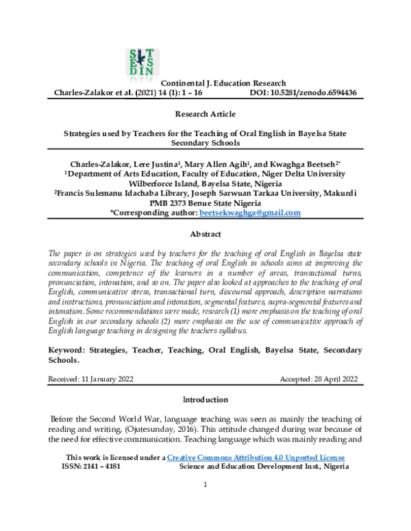 (PDF) Strategies used by Teachers for the Teaching of Oral English in ...