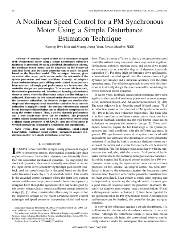 (PDF) A nonlinear speed control for a PM synchronous motor using a ...