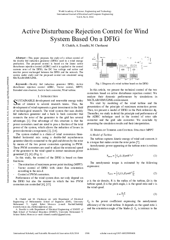 (PDF) Active Disturbance Rejection Control For Wind System Based On A Dfig