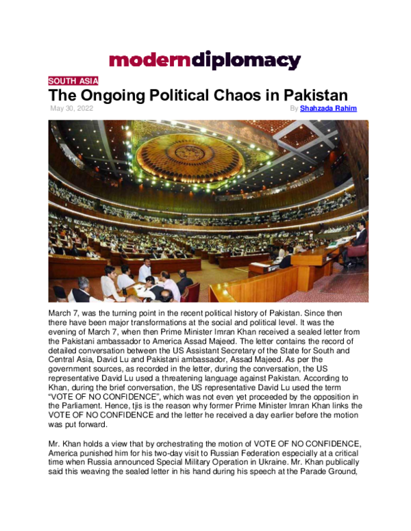 (PDF) The Ongoing Political Chaos in Pakistan, by Shahzada Razim ...
