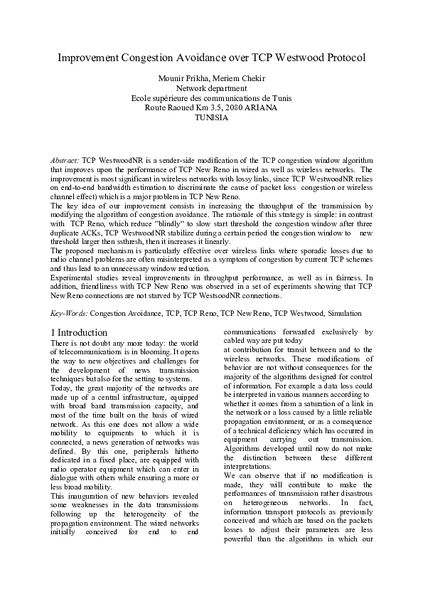 (PDF) Improvement Congestion Avoidance over TCP Westwood Protocol