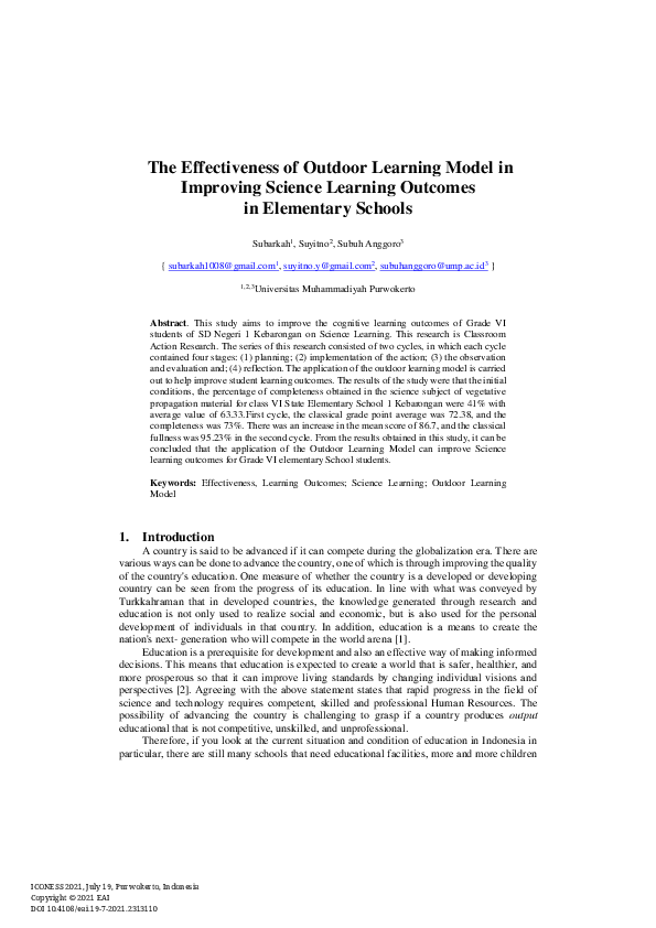 (PDF) The Effectiveness of Outdoor Learning Model in Improving Science ...