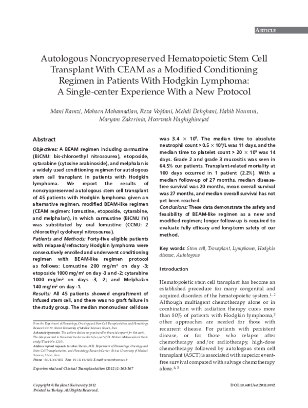 (PDF) Autologous Noncryopreserved Hematopoietic Stem Cell Transplant ...