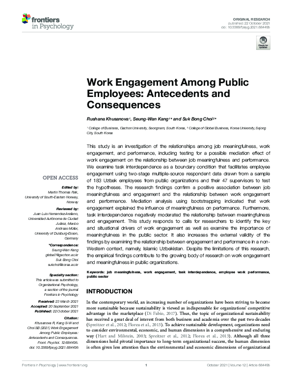 (PDF) Work Engagement Among Public Employees: Antecedents and Consequences