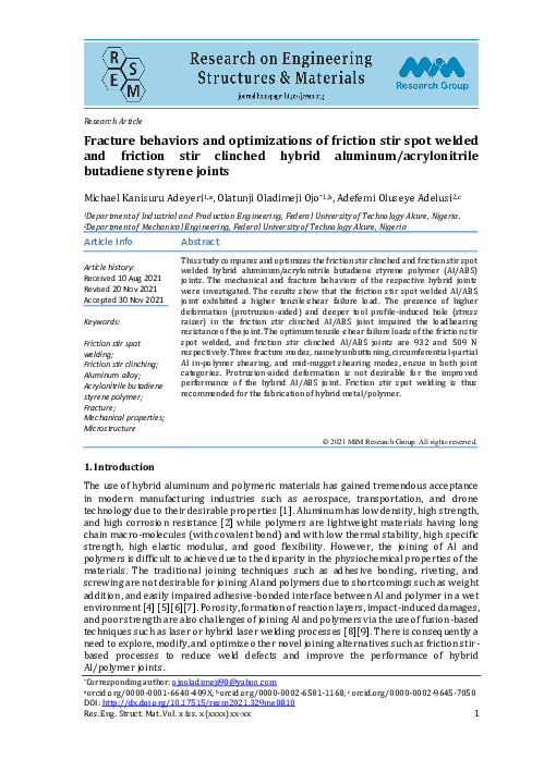 (PDF) Fracture behaviors and optimizations of friction stir spot welded ...