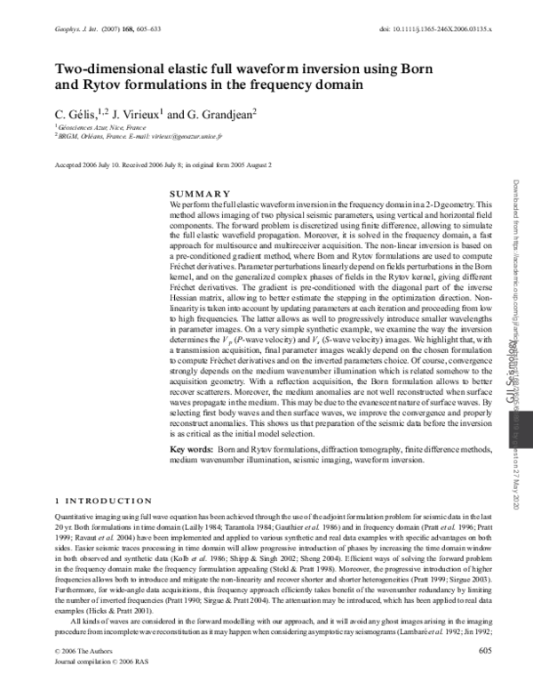 (PDF) Two-dimensional elastic full waveform inversion using Born and ...