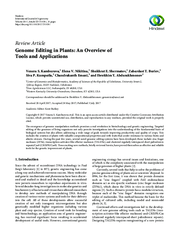 (PDF) Genome Editing in Plants: An Overview of Tools and Applications