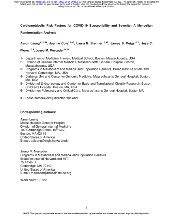 (PDF) Cardiometabolic Risk Factors for COVID-19 Susceptibility and ...