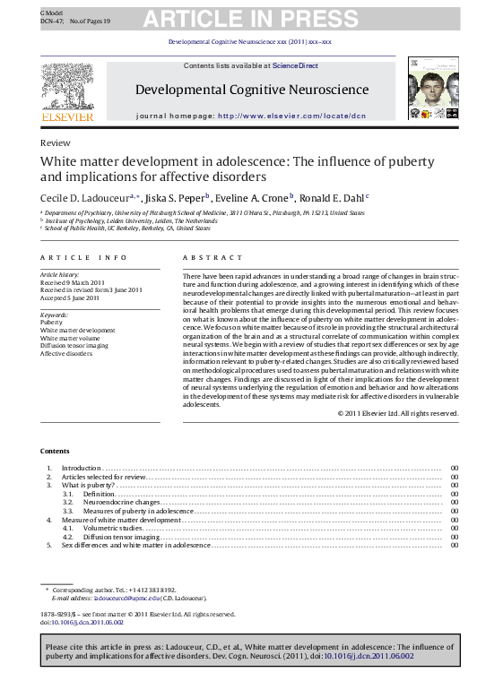 (PDF) White matter development in adolescence: the influence of puberty ...
