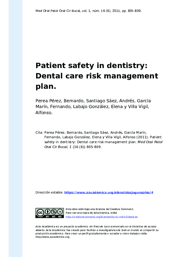 (PDF) Patient safety in dentistry Dental care risk management plan