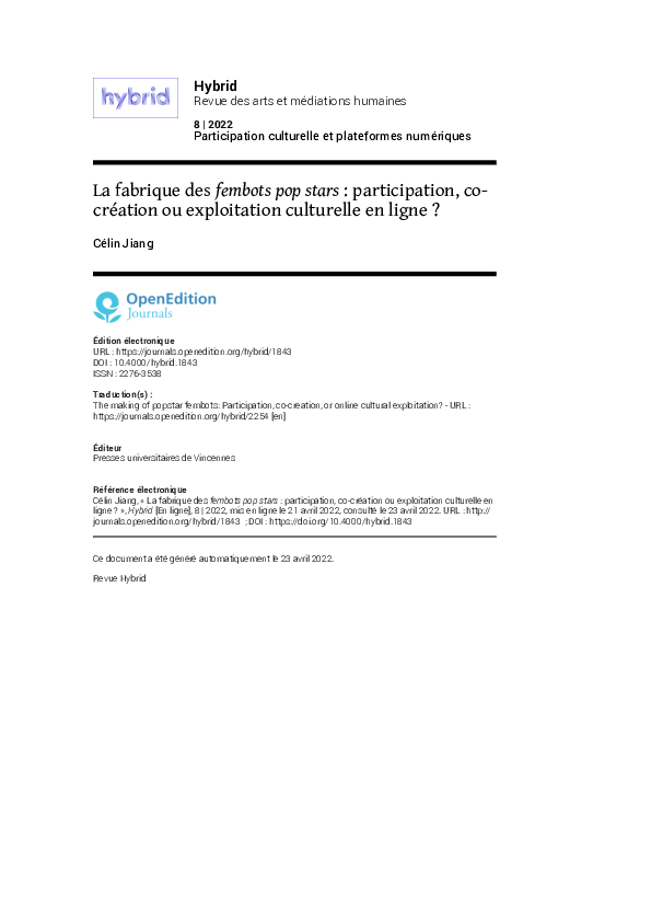 (PDF) La fabrique des fembots pop stars : participation, co-création ou ...