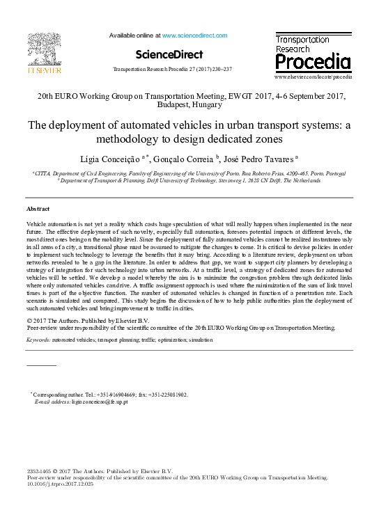 (PDF) The deployment of automated vehicles in urban transport systems ...