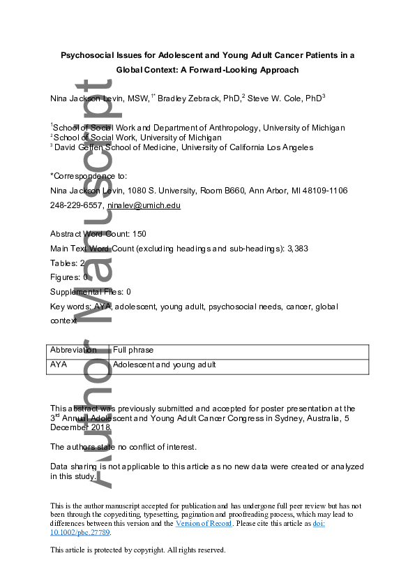 (PDF) Psychosocial issues for adolescent and young adult cancer ...