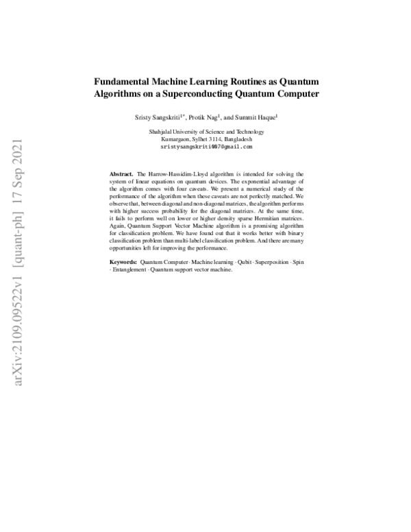 (PDF) Fundamental Machine Learning Routines as Quantum Algorithms on a ...