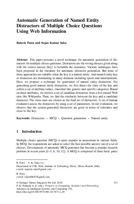 (PDF) Automatic Generation of Named Entity Distractors of Multiple ...