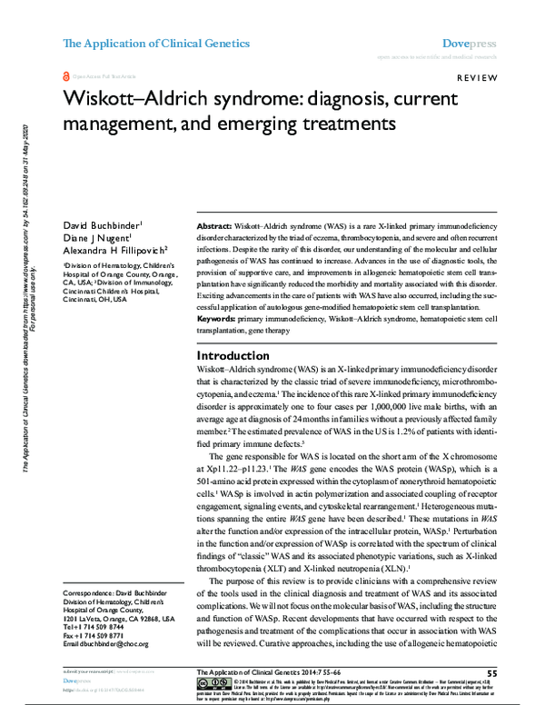 (PDF) WiskottAldrich syndrome diagnosis, current management, and