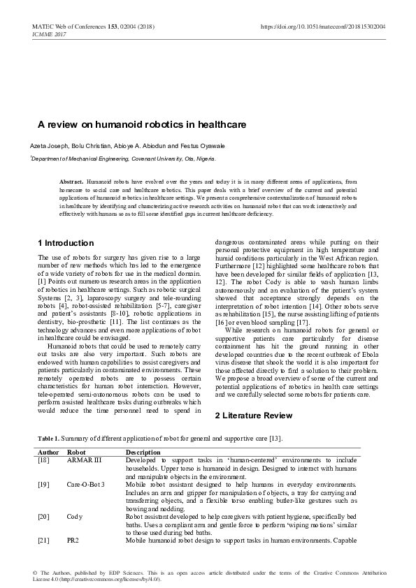 (PDF) A review on humanoid robotics in healthcare
