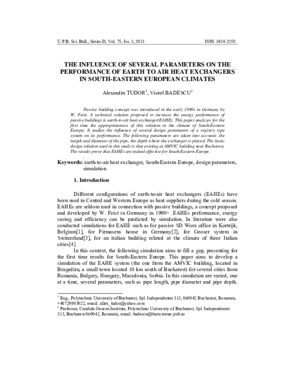 (PDF) The Influence of Several Parameters on the Performance of Earth ...