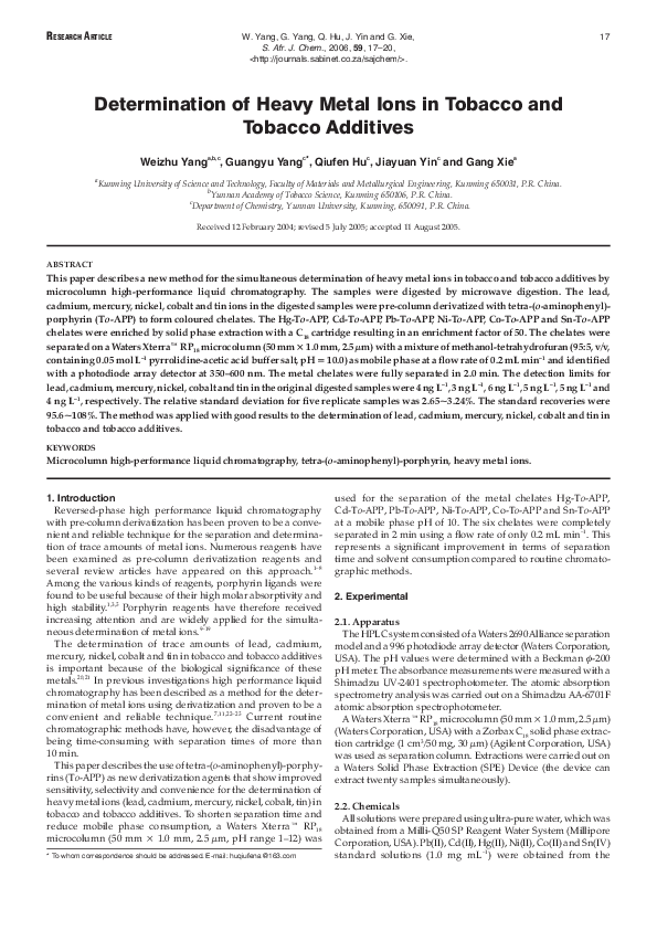 (PDF) Determination of Heavy Metal Ions in Tobacco and Tobacco Additives