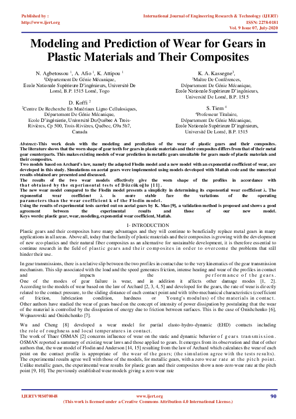 (PDF) Modeling and Prediction of Wear for Gears in Plastic Materials ...