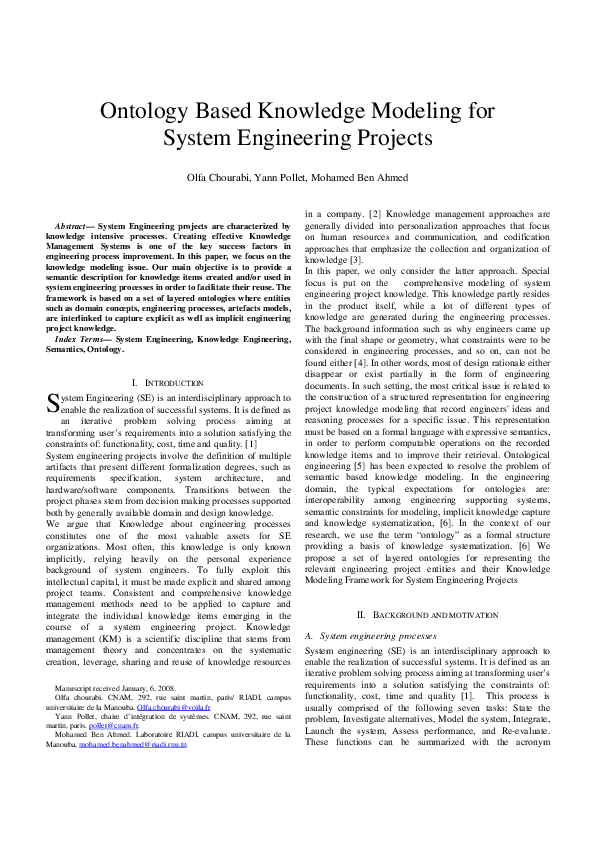 (PDF) Ontology based knowledge modeling for System Engineering projects