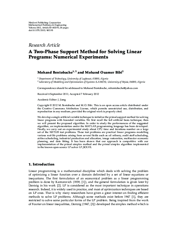 (PDF) A Two-Phase Support Method for Solving Linear Programs: Numerical ...