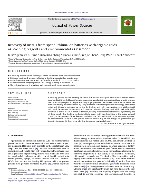  pdf recovery of metals from spent lithium ion battery leach solutions 