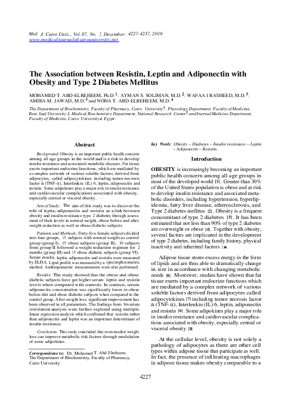 (PDF) The Association between Resistin, Leptin and Adiponectin with ...