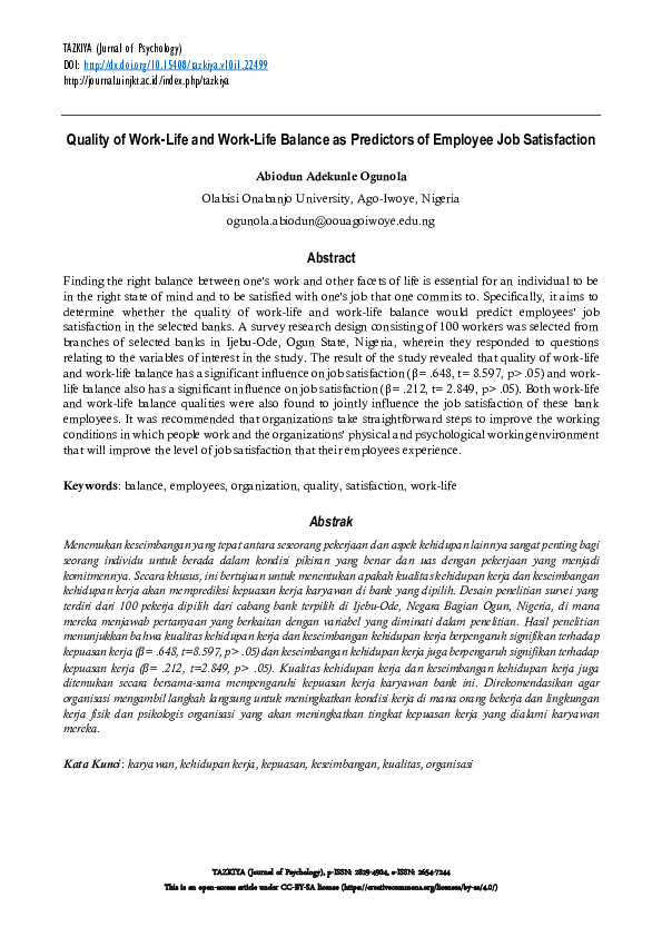 (PDF) Quality of Work-Life and Work-Life Balance as Predictors of ...