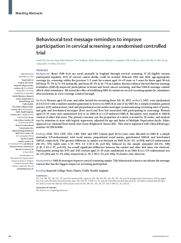 (PDF) Behavioural text message reminders to improve participation in ...