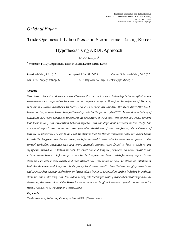 (PDF) Trade Openness-Inflation Nexus in Sierra Leone: Testing Romer ...