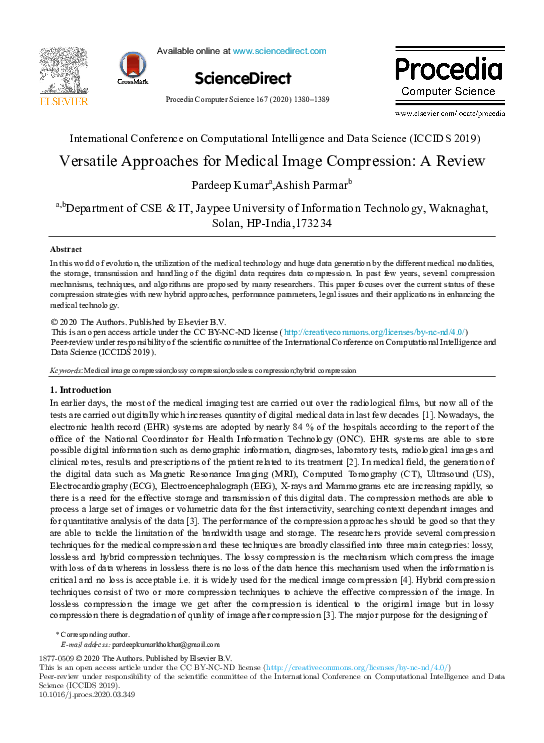 (PDF) Versatile Approaches for Medical Image Compression: A Review