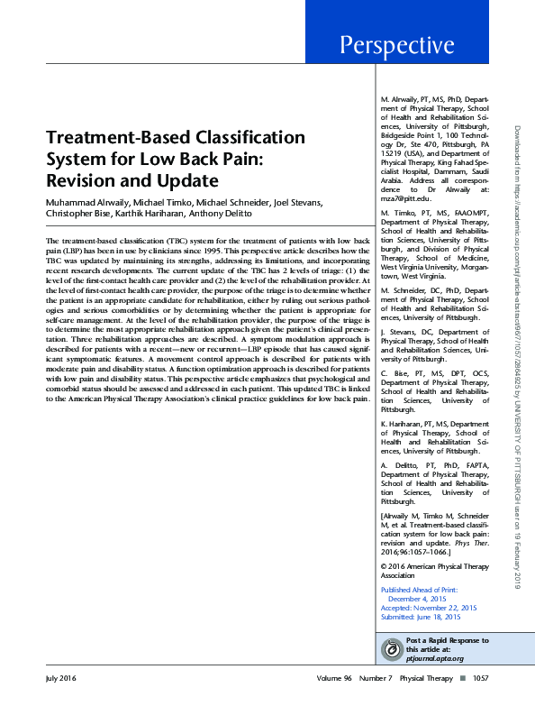 (PDF) The Treatment-Based Classification System for Low Back Pain ...