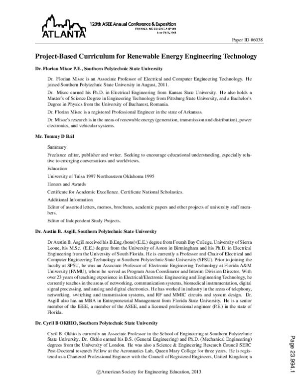 (PDF) Project-Based Curriculum for Renewable Energy Engineering Technology