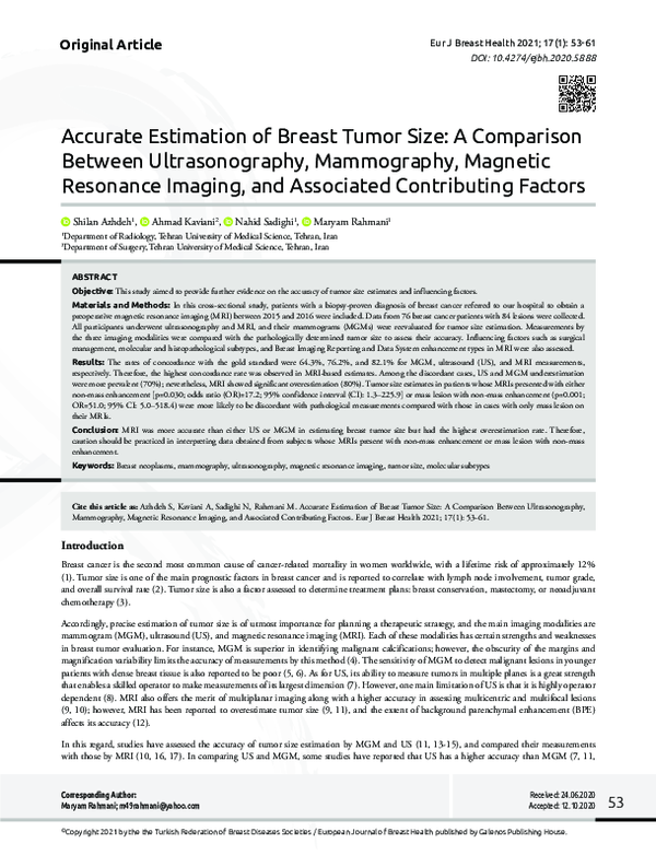 (PDF) Accurate Estimation of Breast Tumor Size: A Comparison Between ...