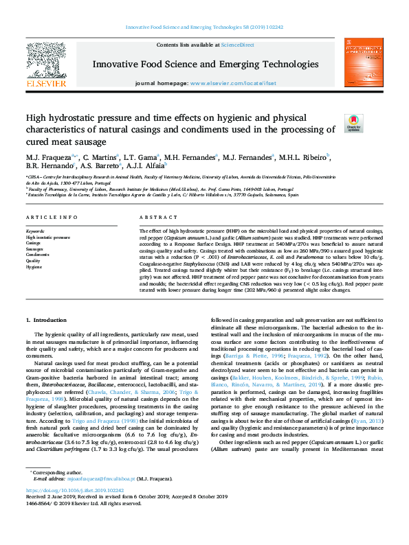 (PDF) High hydrostatic pressure and time effects on hygienic and ...