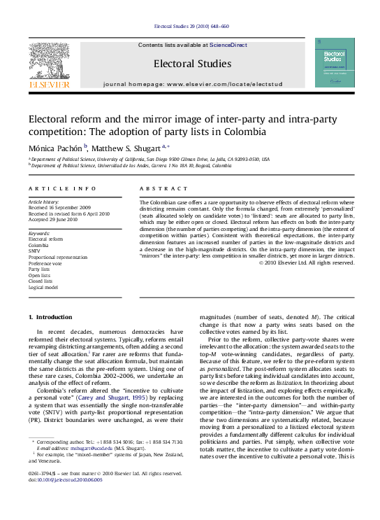 (PDF) Electoral reform and the mirror image of inter-party and intra ...