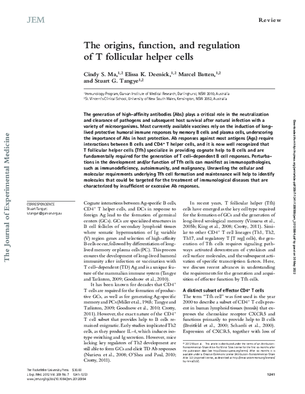 (PDF) The origins, function, and regulation of T follicular helper cells