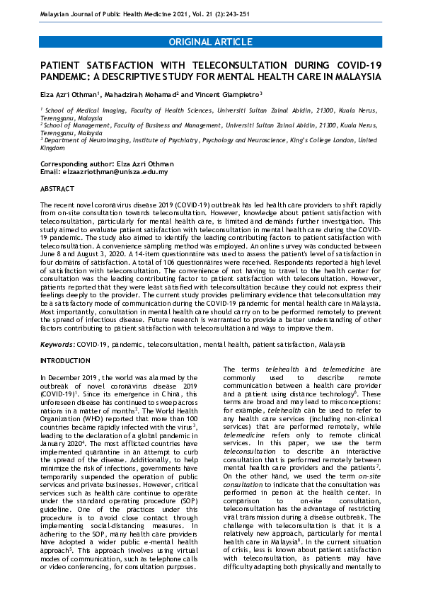 (PDF) Patient Satisfaction with Teleconsultation During COVID-19 ...