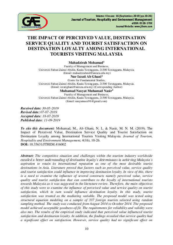 (PDF) The Impact of Perceived Value, Destination Service Quality, and ...
