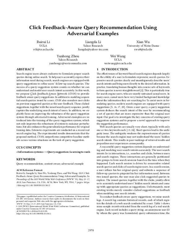(PDF) Click Feedback-Aware Query Recommendation Using Adversarial Examples