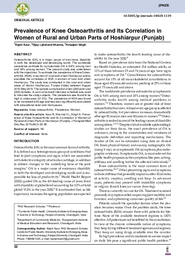 (PDF) Prevalence of Knee Osteoarthritis and its Correlation in Women of ...