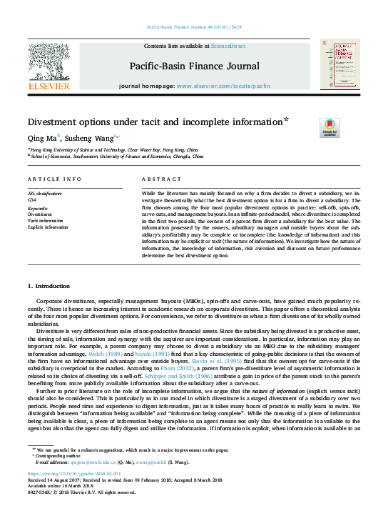 (PDF) Divestment options under tacit and incomplete information