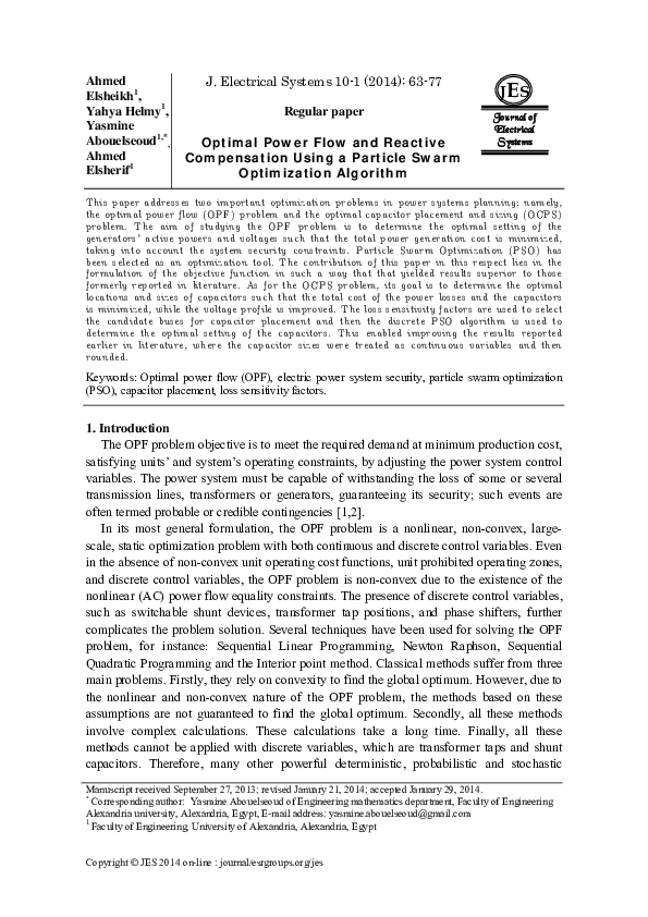 (PDF) Optimal Power Flow and Reactive Compensation Using a Particle ...