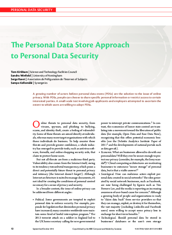 (PDF) The Personal Data Store Approach to Personal Data Security