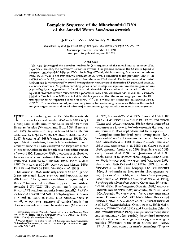 (PDF) Complete sequence of the mitochondrial DNA of the annelid worm ...