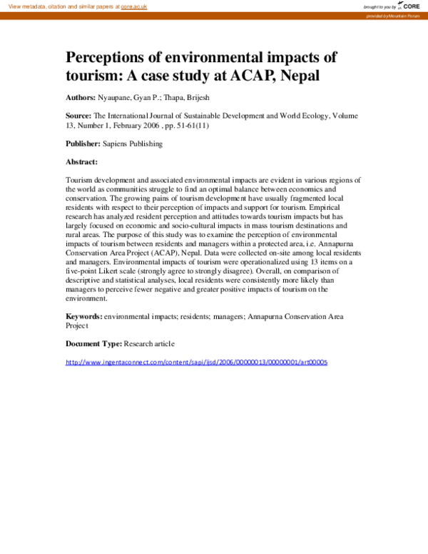 (PDF) Perceptions of environmental impacts of tourism: A case study at ...