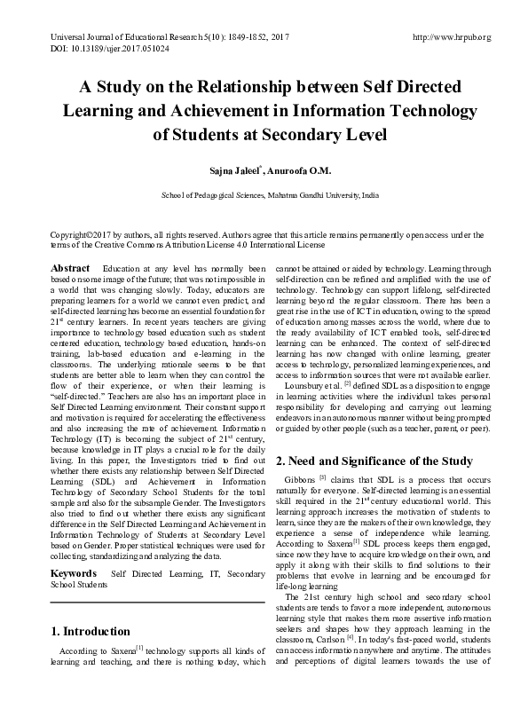 (PDF) A Study on the Relationship between Self Directed Learning and ...
