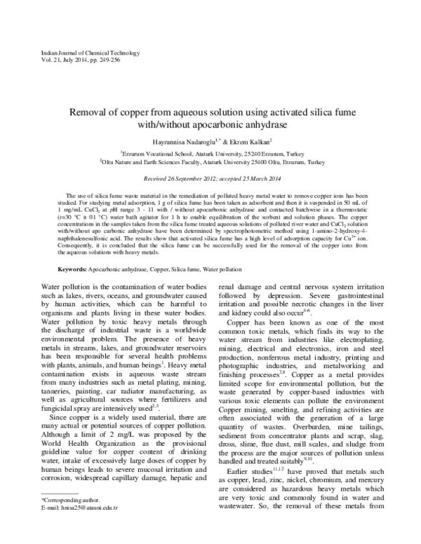 (PDF) Removal of copper from aqueous solution using activated silica ...