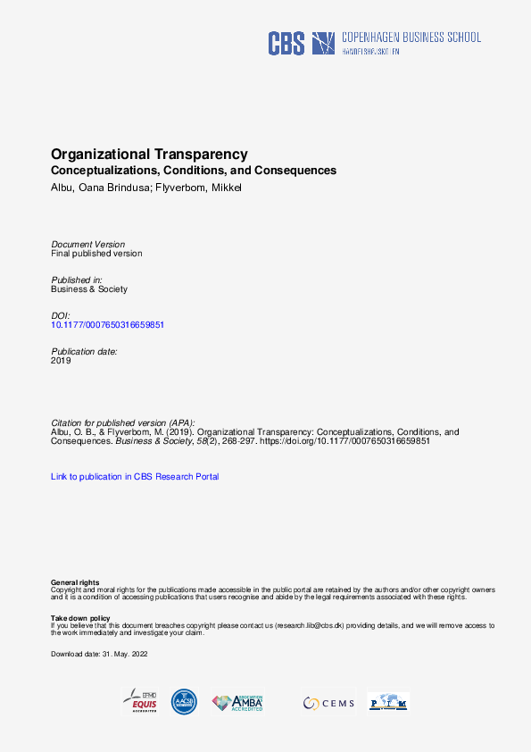 (PDF) Organizational Transparency: Conceptualizations, Conditions, and ...